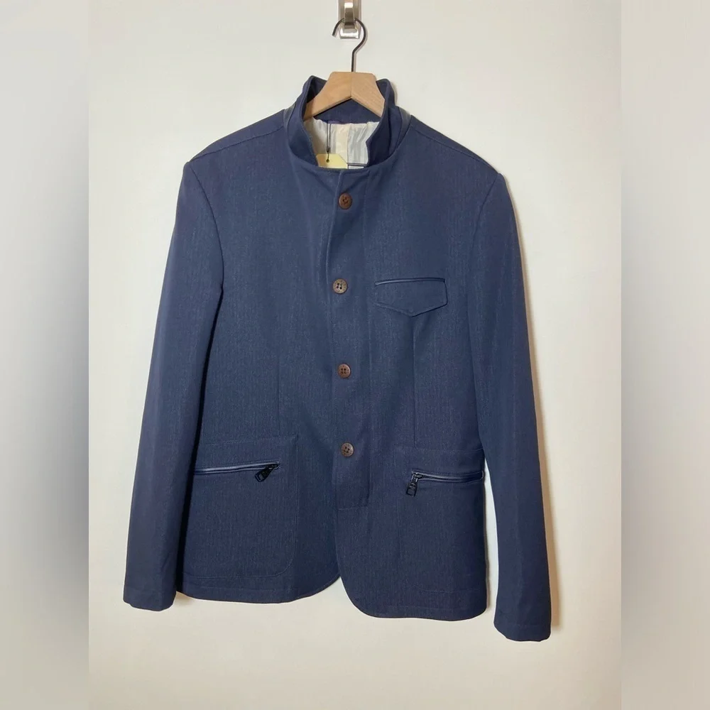 RNT23 Blazer Jacket Mens Size 46 Denim Leather Trim Full Zip Sport Coat NWT $259